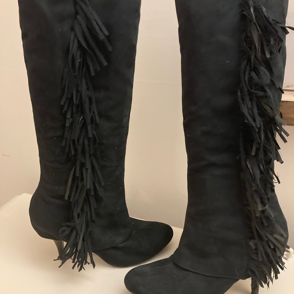 Fergalicious Black Over the Knee Black Suede Fringe Boots
